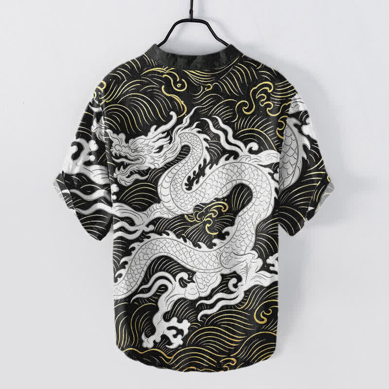 Nimara Ritual Cotton White Dragon Wave Pattern Men's Short Sleeve Half Button Shirt