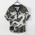 Nimara Ritual Cotton White Dragon Wave Pattern Men's Short Sleeve Half Button Shirt