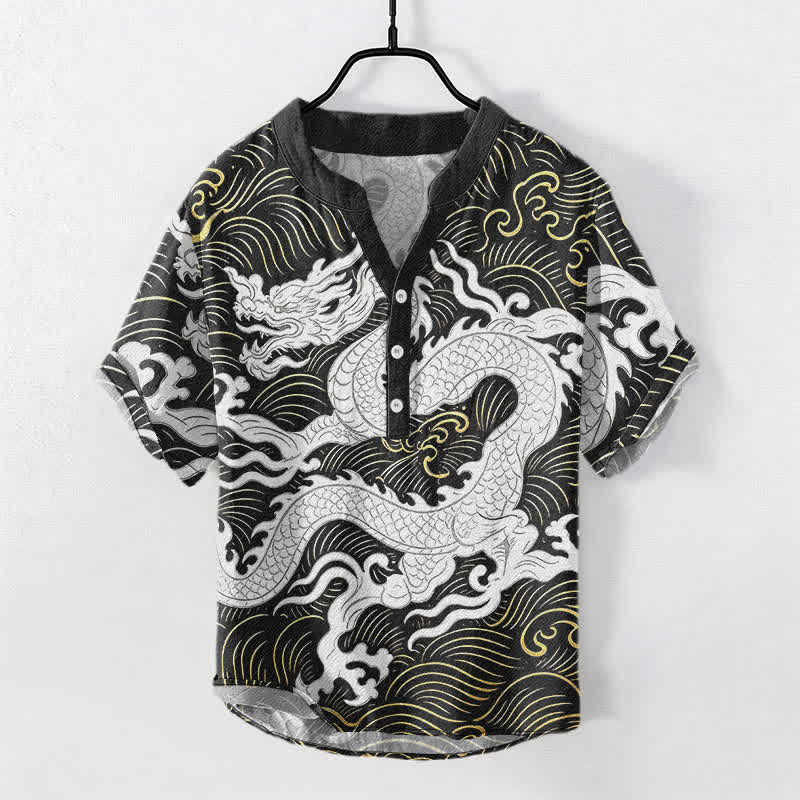 Nimara Ritual Cotton White Dragon Wave Pattern Men's Short Sleeve Half Button Shirt