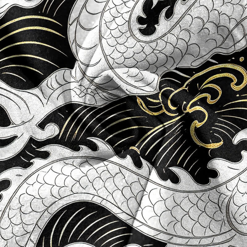 Nimara Ritual Cotton White Dragon Wave Pattern Men's Short Sleeve Half Button Shirt