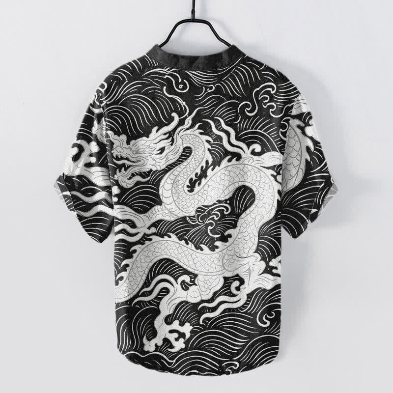 Nimara Ritual Cotton White Dragon Wave Pattern Men's Short Sleeve Half Button Shirt