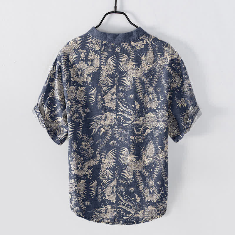 Nimara Ritual Cotton Botanical Floral Pattern Men's Short Sleeve Half Button Shirt