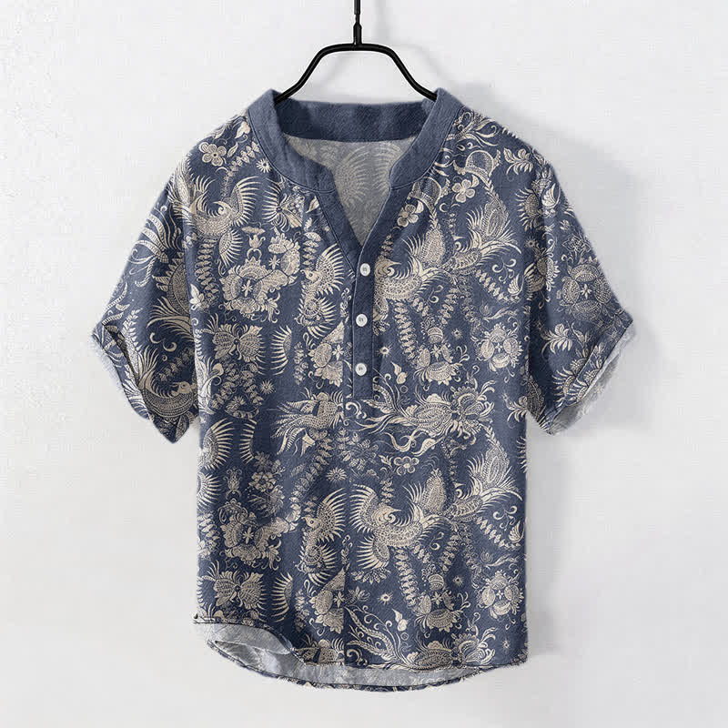 Nimara Ritual Cotton Botanical Floral Pattern Men's Short Sleeve Half Button Shirt