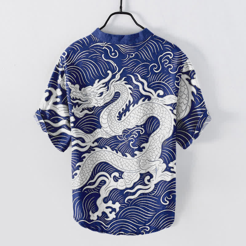 Nimara Ritual Cotton White Dragon Wave Pattern Men's Short Sleeve Half Button Shirt