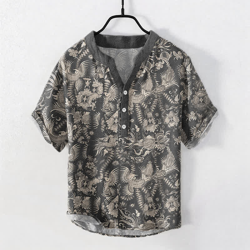 Nimara Ritual Cotton Botanical Floral Pattern Men's Short Sleeve Half Button Shirt