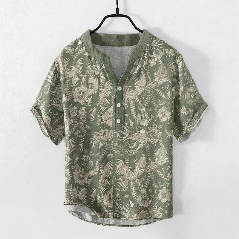 Nimara Ritual Cotton Botanical Floral Pattern Men's Short Sleeve Half Button Shirt