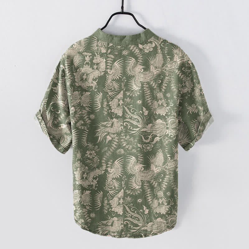 Nimara Ritual Cotton Botanical Floral Pattern Men's Short Sleeve Half Button Shirt