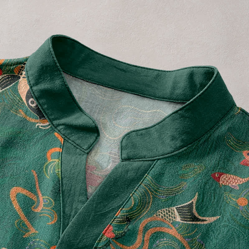 Nimara Ritual Cotton Koi Fish Lotus Pattern Men's Short Sleeve Half Button Shirt