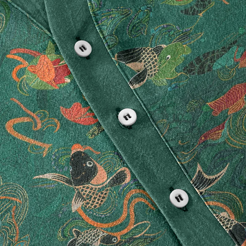 Nimara Ritual Cotton Koi Fish Lotus Pattern Men's Short Sleeve Half Button Shirt