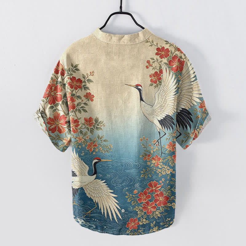 Nimara Ritual Cotton Oriental Crane Floral Wave Pattern Men's Short Sleeve Half Button Shirt