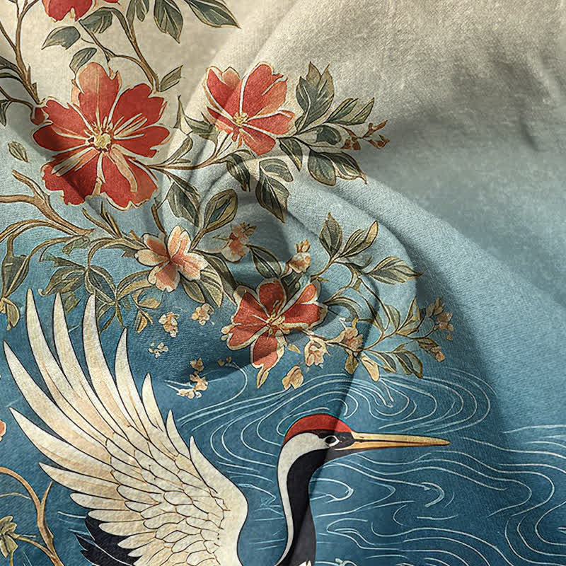 Nimara Ritual Cotton Oriental Crane Floral Wave Pattern Men's Short Sleeve Half Button Shirt