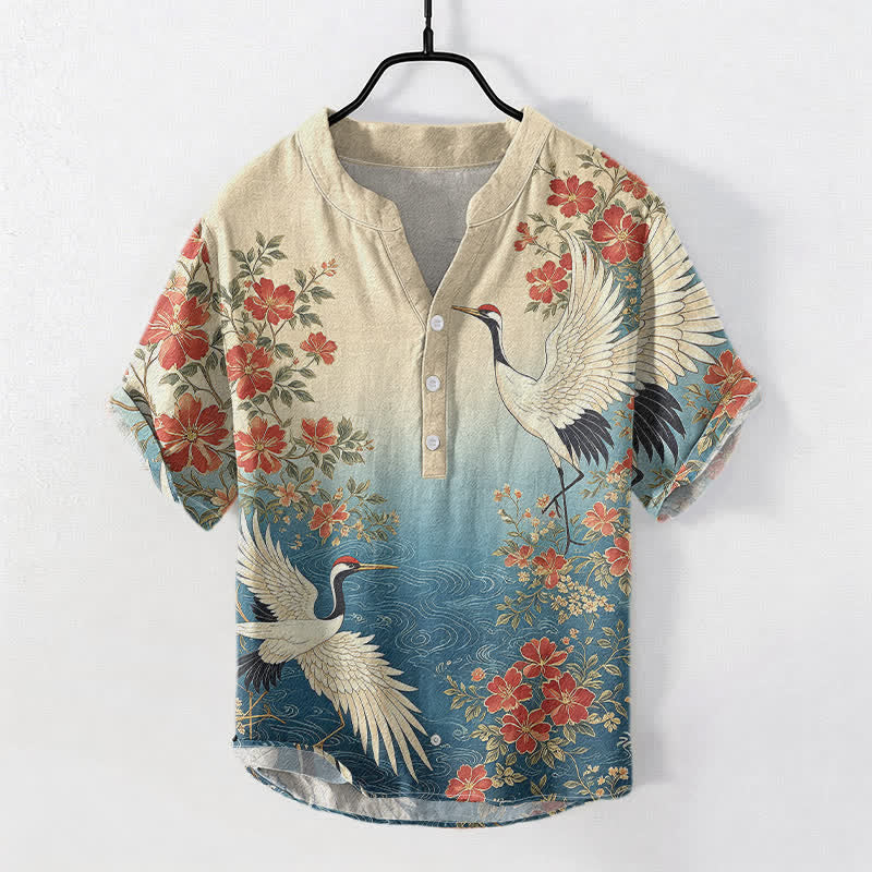 Nimara Ritual Cotton Oriental Crane Floral Wave Pattern Men's Short Sleeve Half Button Shirt