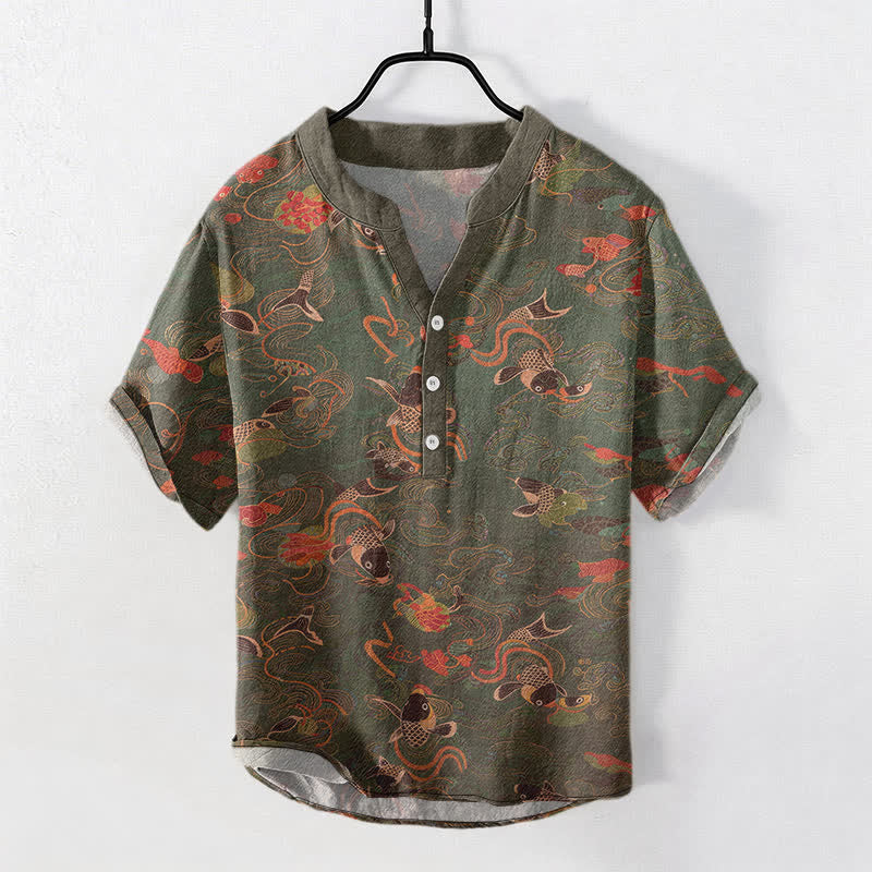 Nimara Ritual Cotton Koi Fish Lotus Pattern Men's Short Sleeve Half Button Shirt