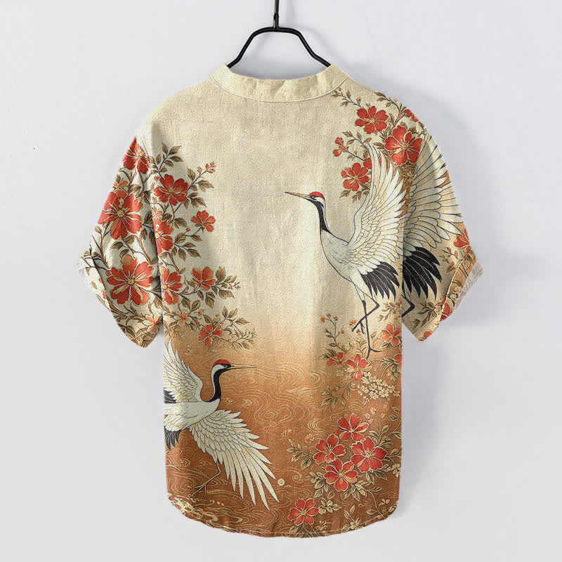 Nimara Ritual Cotton Oriental Crane Floral Wave Pattern Men's Short Sleeve Half Button Shirt