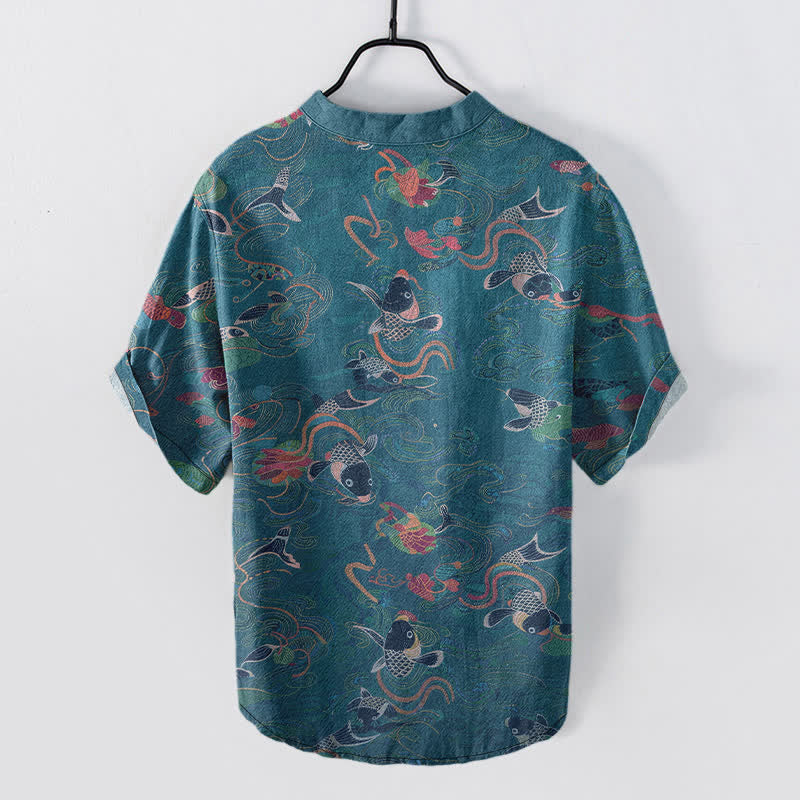 Nimara Ritual Cotton Koi Fish Lotus Pattern Men's Short Sleeve Half Button Shirt