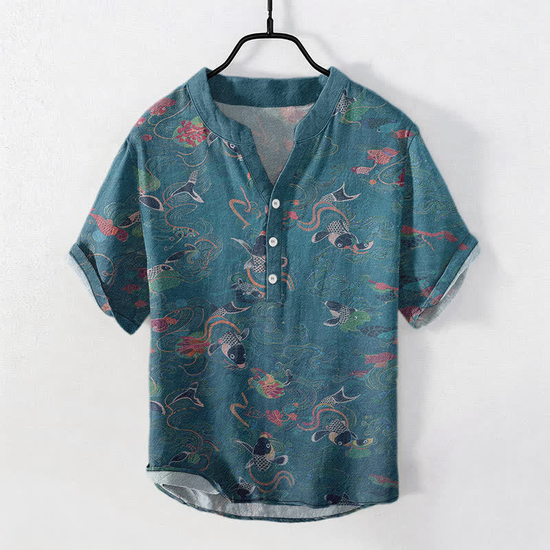 Nimara Ritual Cotton Koi Fish Lotus Pattern Men's Short Sleeve Half Button Shirt