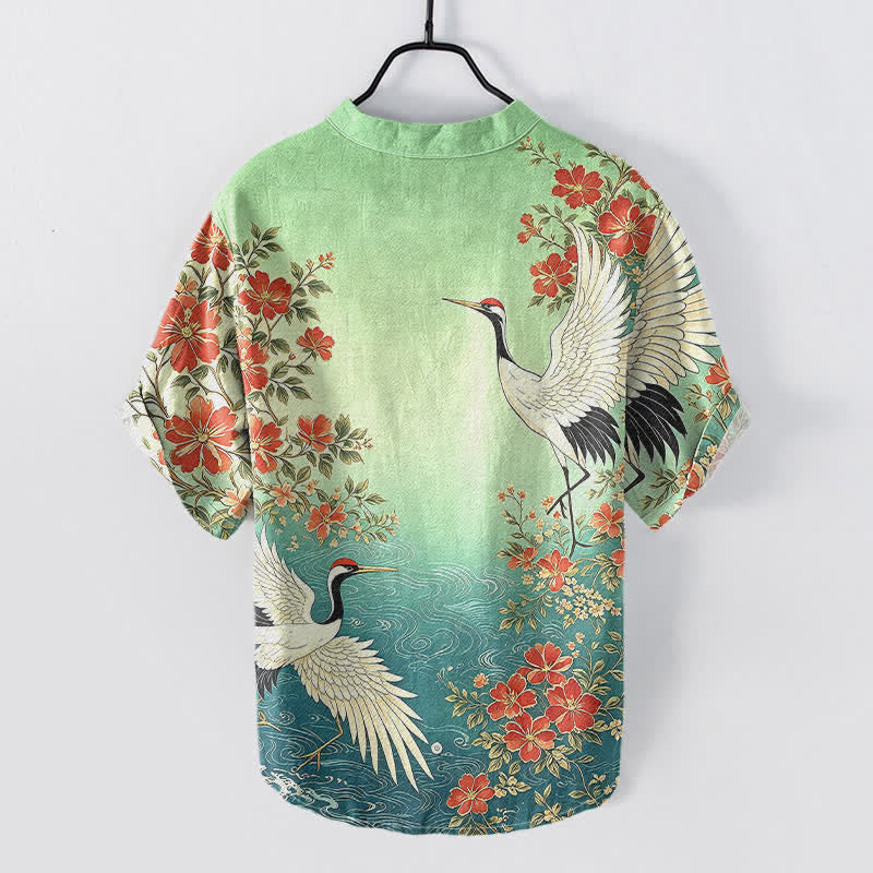 Nimara Ritual Cotton Oriental Crane Floral Wave Pattern Men's Short Sleeve Half Button Shirt