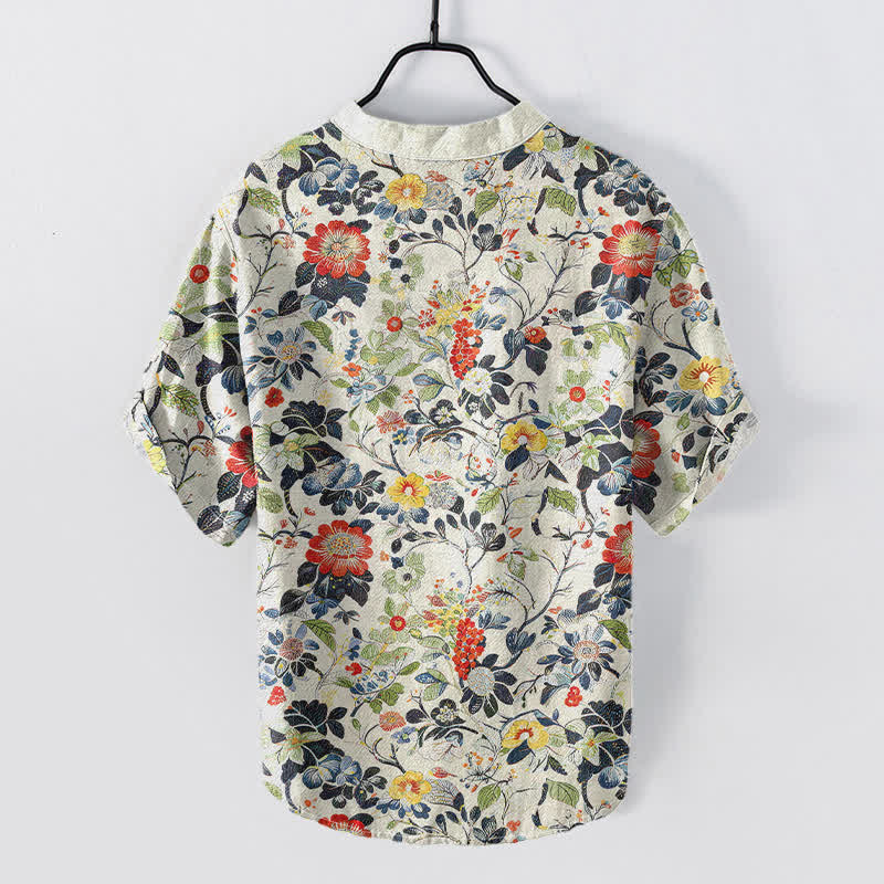 Nimara Ritual Cotton Vintage Garden Floral Pattern Men's Short Sleeve Half Button Shirt