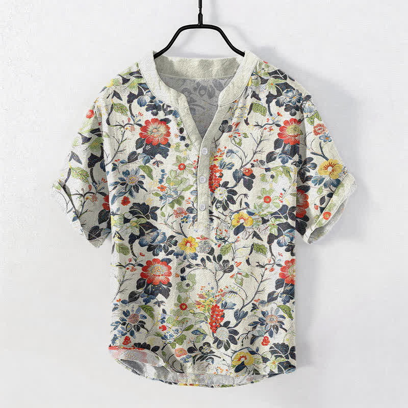 Nimara Ritual Cotton Vintage Garden Floral Pattern Men's Short Sleeve Half Button Shirt