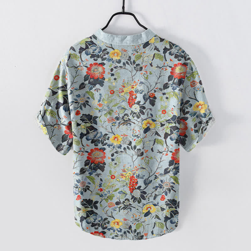 Nimara Ritual Cotton Vintage Garden Floral Pattern Men's Short Sleeve Half Button Shirt