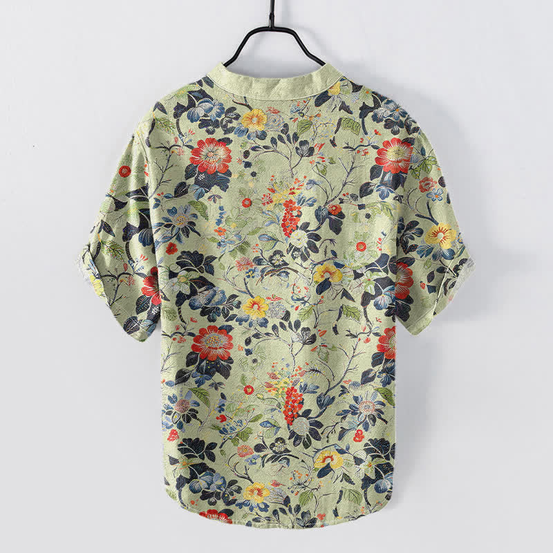 Nimara Ritual Cotton Vintage Garden Floral Pattern Men's Short Sleeve Half Button Shirt