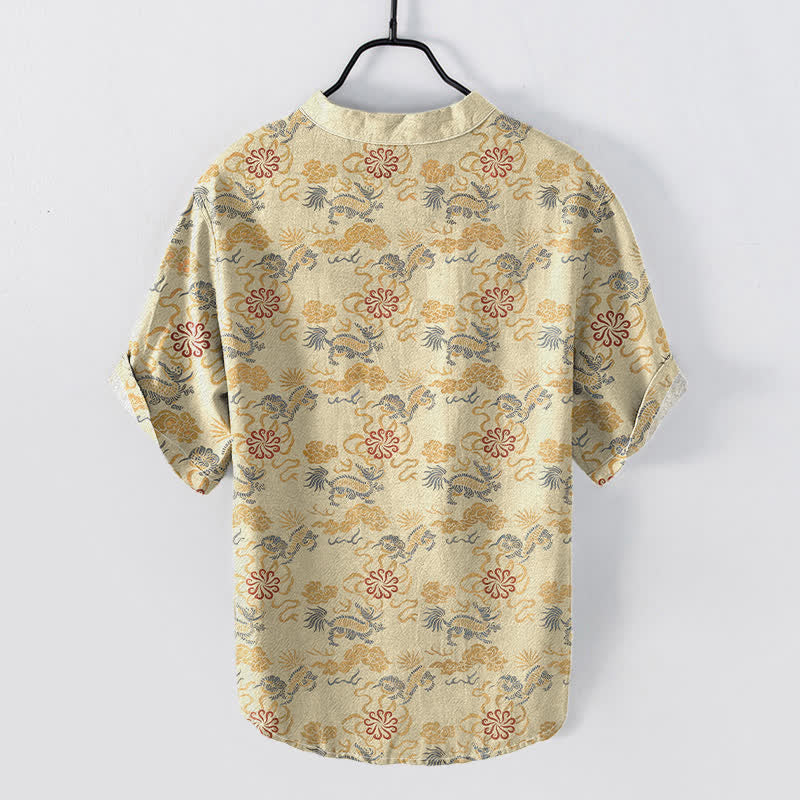 Nimara Ritual Cotton Oriental Floral Cloud Wave Pattern Men's Short Sleeve Half Button Shirt