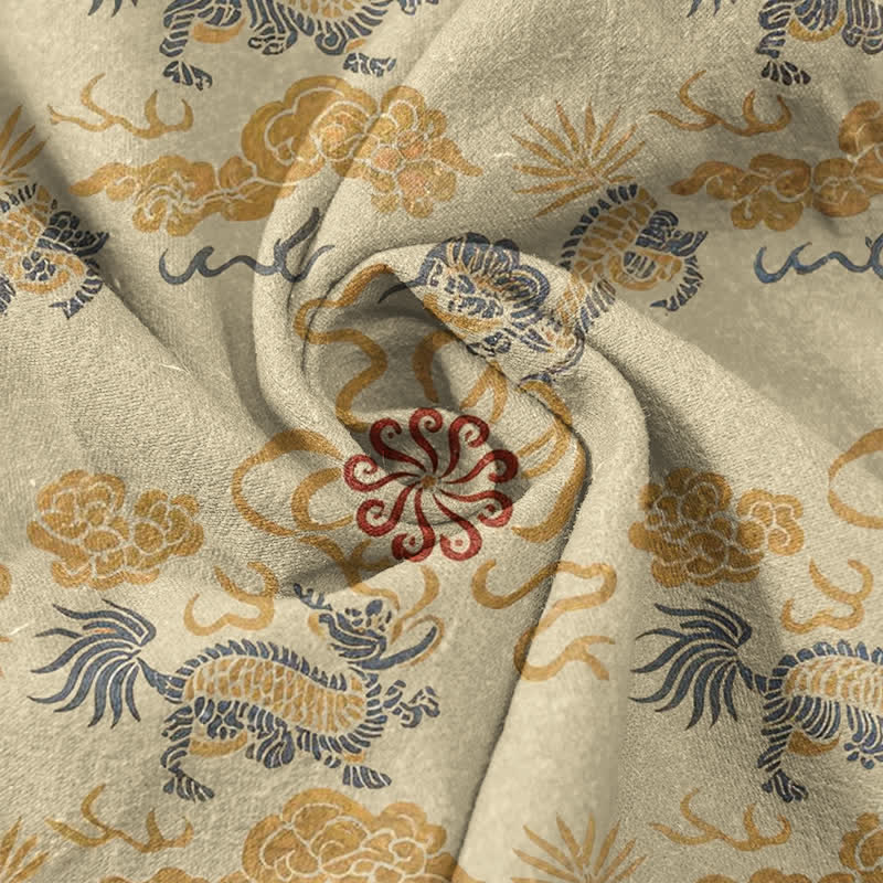 Nimara Ritual Cotton Oriental Floral Cloud Wave Pattern Men's Short Sleeve Half Button Shirt