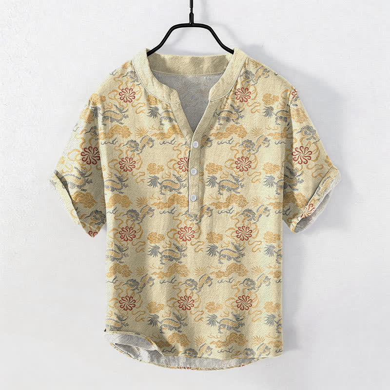 Nimara Ritual Cotton Oriental Floral Cloud Wave Pattern Men's Short Sleeve Half Button Shirt