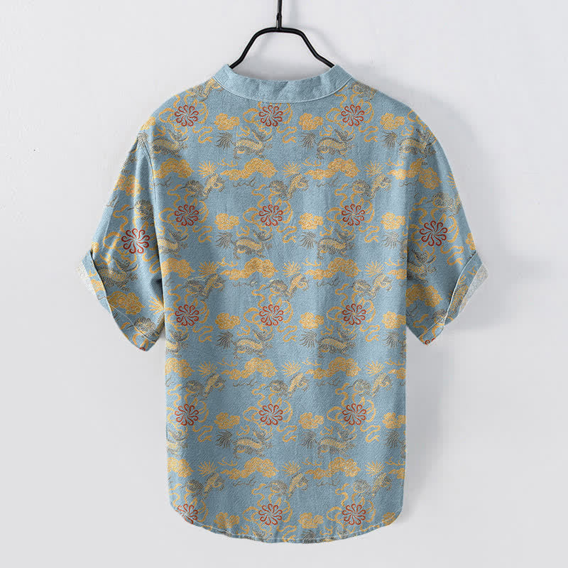 Nimara Ritual Cotton Oriental Floral Cloud Wave Pattern Men's Short Sleeve Half Button Shirt