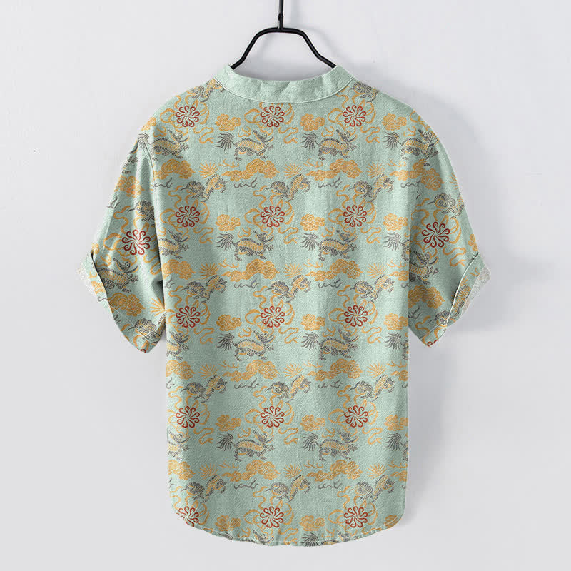 Nimara Ritual Cotton Oriental Floral Cloud Wave Pattern Men's Short Sleeve Half Button Shirt