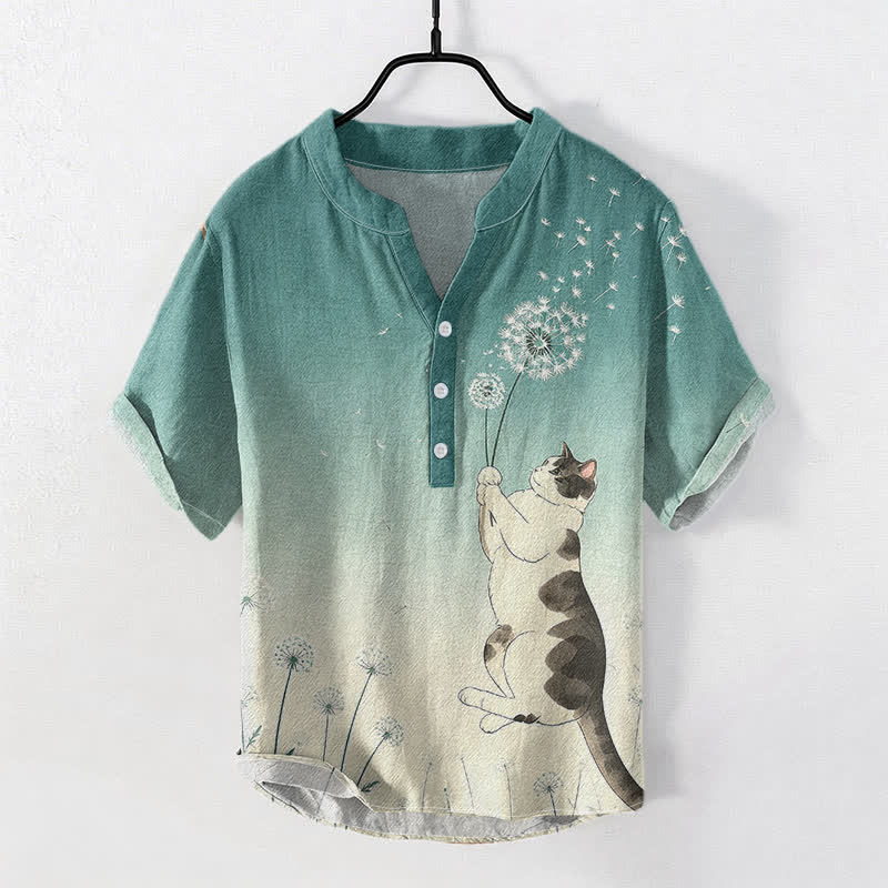 Nimara Ritual Cotton Hand Drawn Cat Dandelion Pattern Men's Short Sleeve Half Button Shirt
