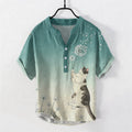 Nimara Ritual Cotton Hand Drawn Cat Dandelion Pattern Men's Short Sleeve Half Button Shirt