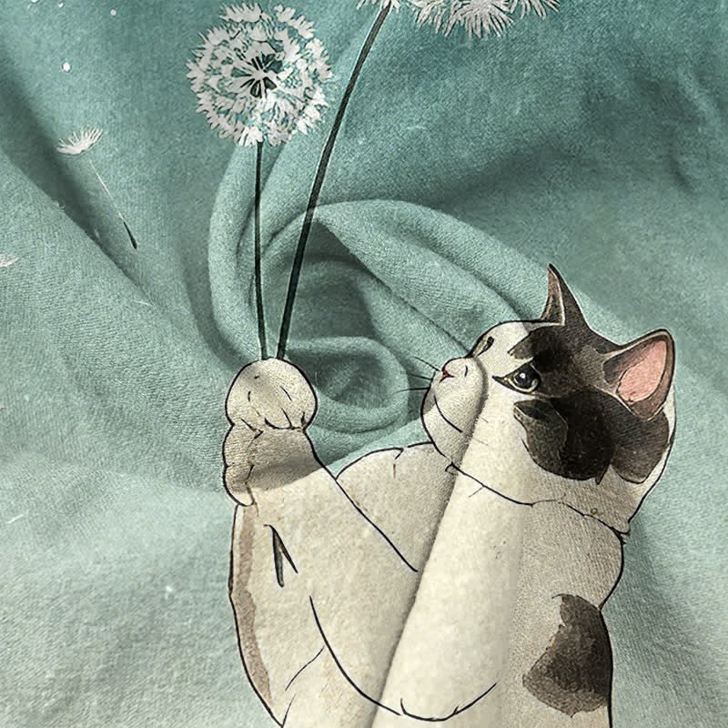 Nimara Ritual Cotton Hand Drawn Cat Dandelion Pattern Men's Short Sleeve Half Button Shirt