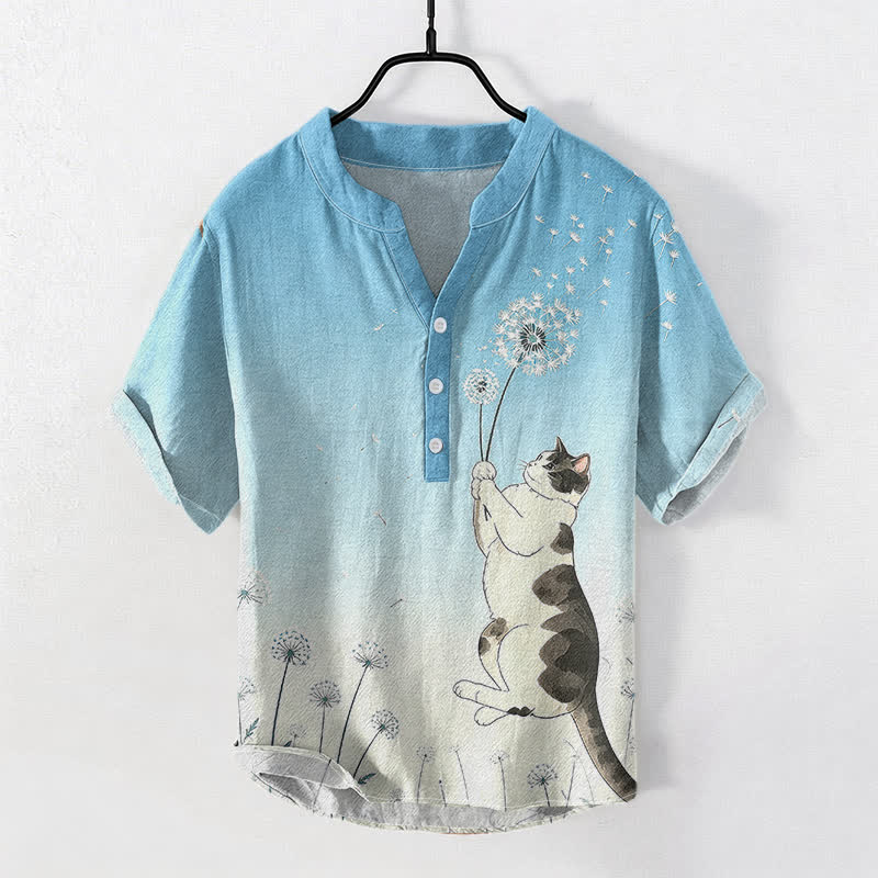 Nimara Ritual Cotton Hand Drawn Cat Dandelion Pattern Men's Short Sleeve Half Button Shirt