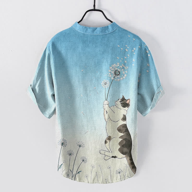 Nimara Ritual Cotton Hand Drawn Cat Dandelion Pattern Men's Short Sleeve Half Button Shirt