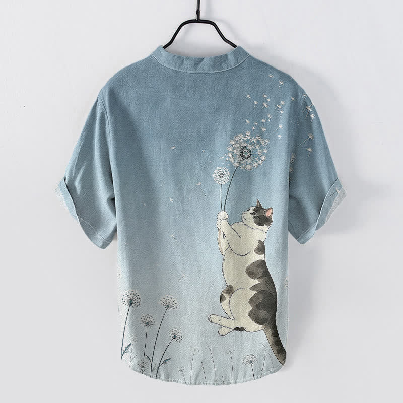 Nimara Ritual Cotton Hand Drawn Cat Dandelion Pattern Men's Short Sleeve Half Button Shirt