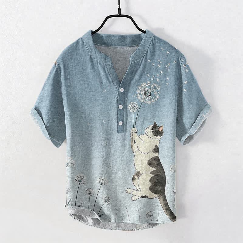 Nimara Ritual Cotton Hand Drawn Cat Dandelion Pattern Men's Short Sleeve Half Button Shirt