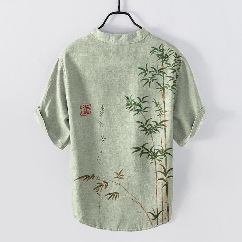 Nimara Ritual Cotton Bamboo Ink Wash Pattern Men's Short Sleeve Half Button Shirt