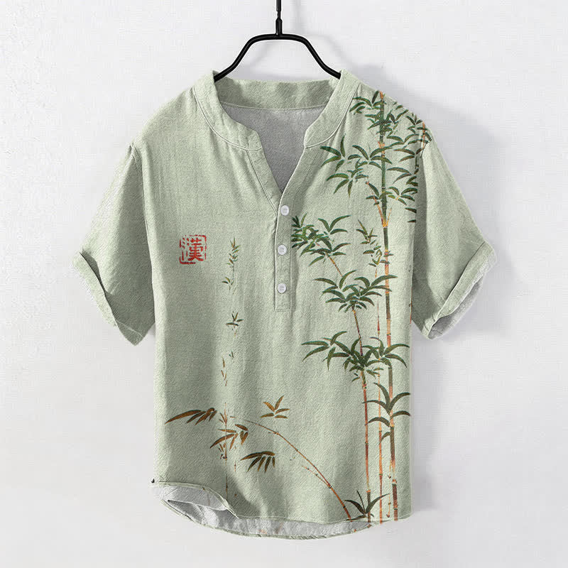 Nimara Ritual Cotton Bamboo Ink Wash Pattern Men's Short Sleeve Half Button Shirt