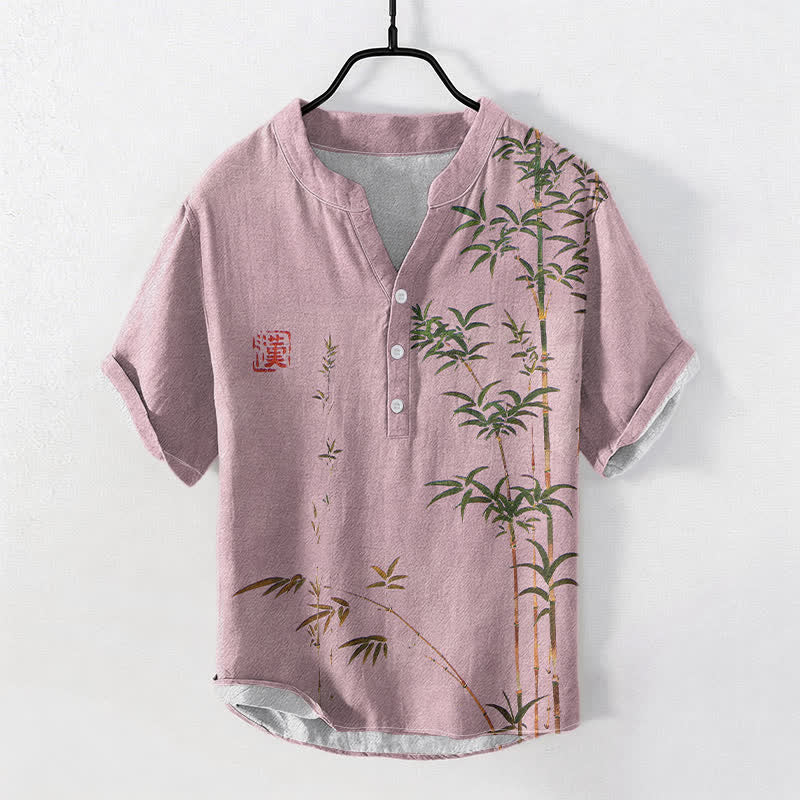 Nimara Ritual Cotton Bamboo Ink Wash Pattern Men's Short Sleeve Half Button Shirt