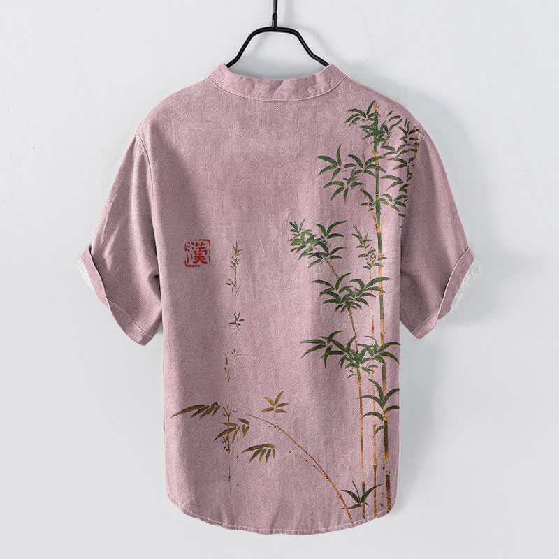 Nimara Ritual Cotton Bamboo Ink Wash Pattern Men's Short Sleeve Half Button Shirt