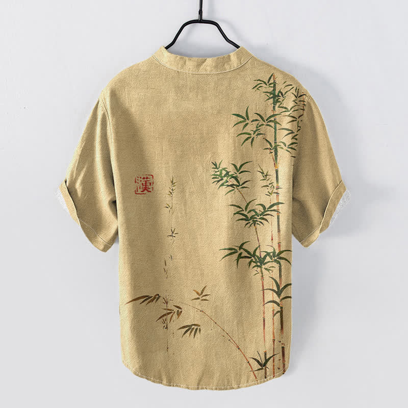 Nimara Ritual Cotton Bamboo Ink Wash Pattern Men's Short Sleeve Half Button Shirt