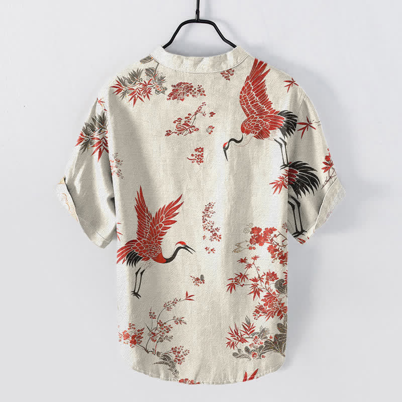 Nimara Ritual Cotton Red Crane Floral Pattern Men's Short Sleeve Half Button Shirt