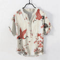 Nimara Ritual Cotton Red Crane Floral Pattern Men's Short Sleeve Half Button Shirt