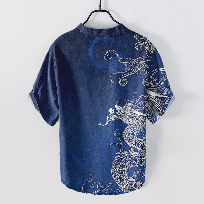 Nimara Ritual Cotton Large White Dragon Pattern Men's Short Sleeve Half Button Shirt