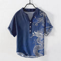 Nimara Ritual Cotton Large White Dragon Pattern Men's Short Sleeve Half Button Shirt