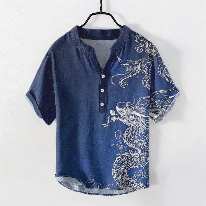 Nimara Ritual Cotton Large White Dragon Pattern Men's Short Sleeve Half Button Shirt