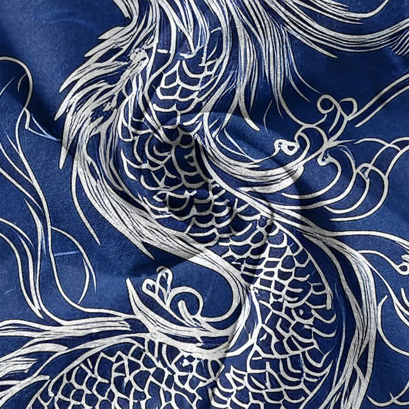 Nimara Ritual Cotton Large White Dragon Pattern Men's Short Sleeve Half Button Shirt