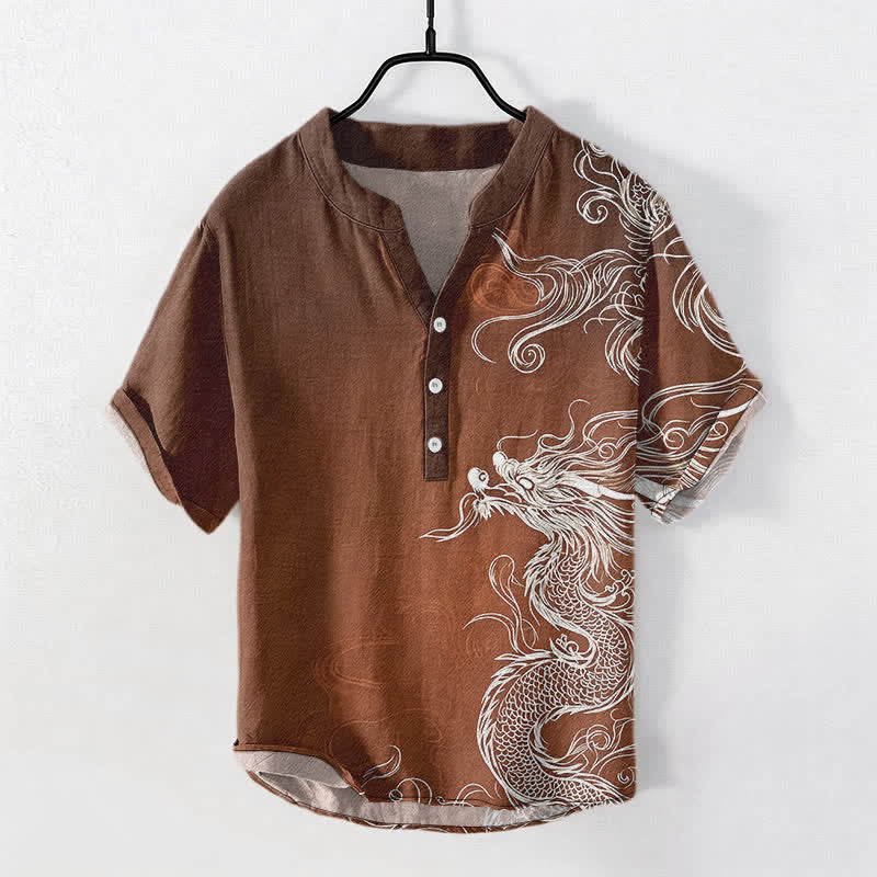 Nimara Ritual Cotton Large White Dragon Pattern Men's Short Sleeve Half Button Shirt