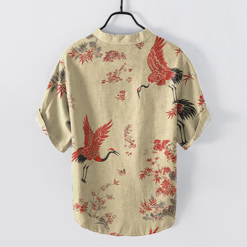 Nimara Ritual Cotton Red Crane Floral Pattern Men's Short Sleeve Half Button Shirt